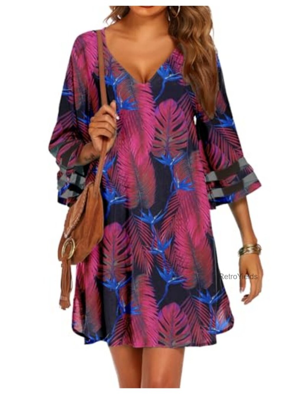 Ekouaer Womens Swimsuit Cover Up 3/4 Bell Sleeve Deep V-Neck Beach Dress